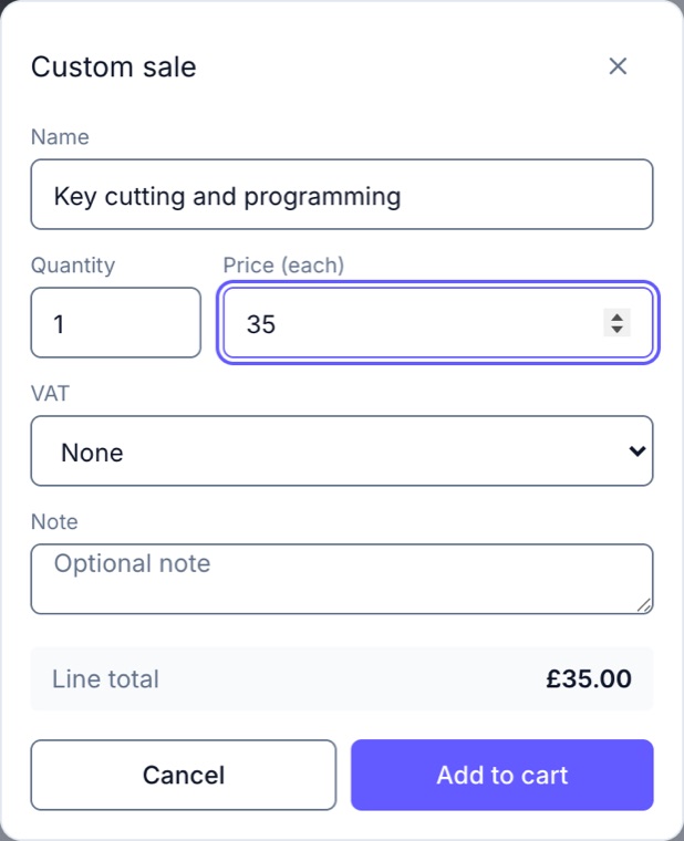 The custom sale panel with a labour line, quantity, price, VAT class and note.
