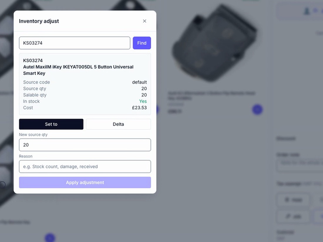 Stock lookup for a SKU showing source code, source and salable quantity, cost, and an adjustment with a reason.