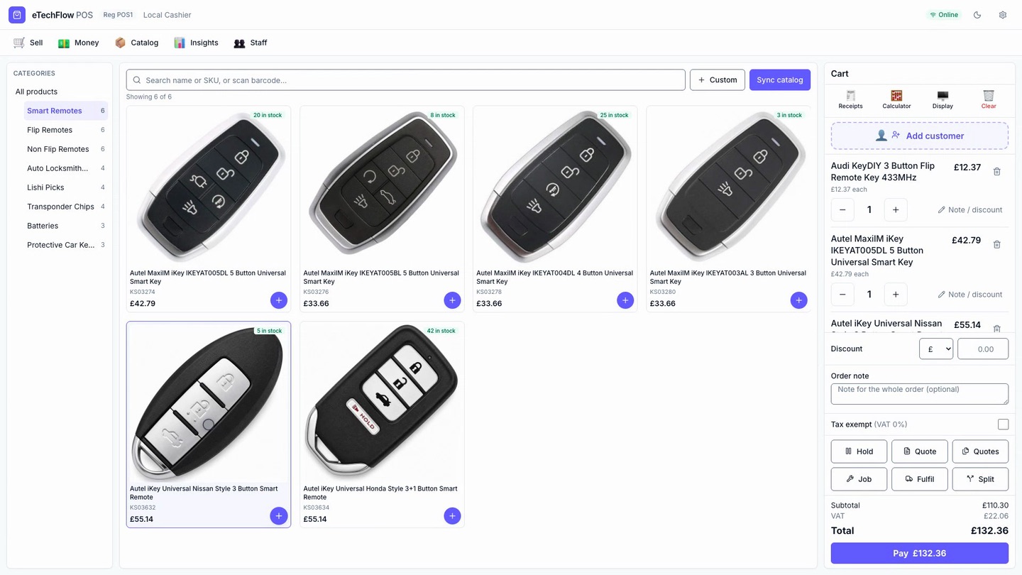 The eTechFlow POS sell screen: a product grid of car key remotes with prices and stock levels, and a cart with two lines, VAT and total.