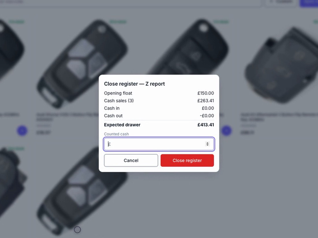 Close register Z report showing opening float, cash sales, expected drawer and counted cash.